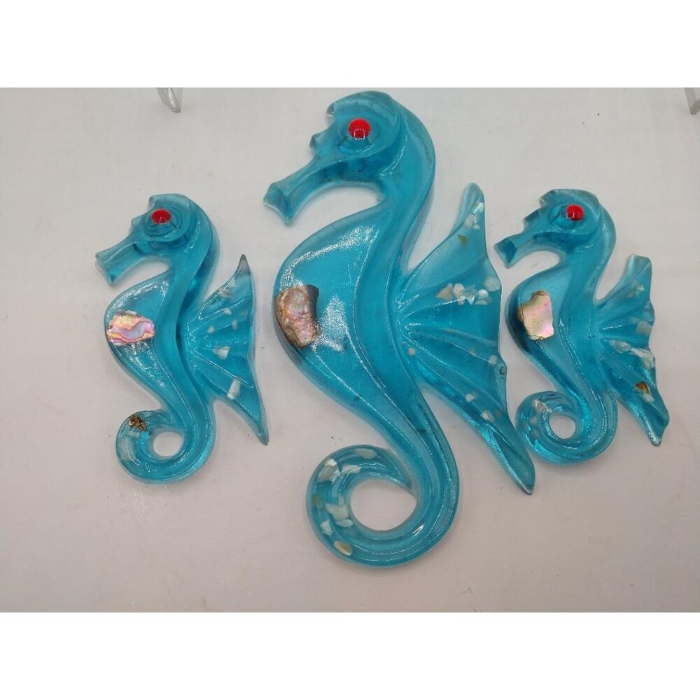 Set of 3 Handcrafted Vintage MCM Acrylic Lucite Blue Glass Seahorse Wall Art Wit